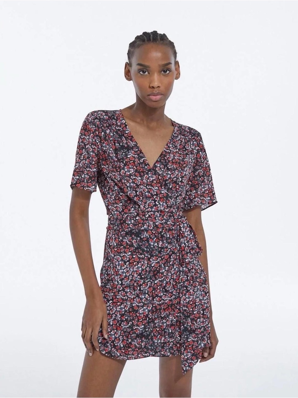 The Kooples Black Mini Wrap Dress with Red and Pink Floral Print